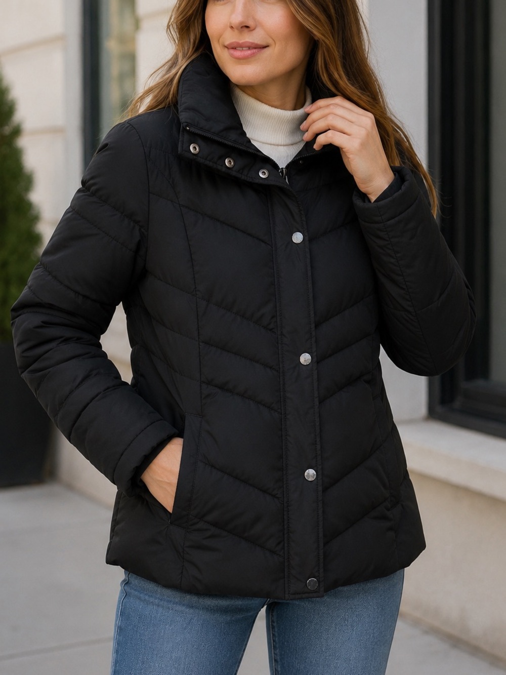 Kenneth Cole Reaction Black Down Puffer Jacket Women’s Large Zip Snap Coat